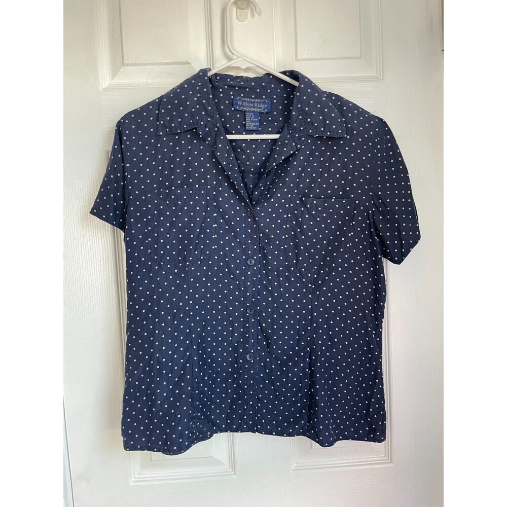 Vtg Willow Ridge Top Womens Size L Silk Button Navy polk dot Boxy Mom 90s